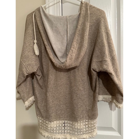 Ellison Tops - Ellison Womens Boho Crochet Lace Fringe Hoodie Sweatshirt Tan Oatmeal Small